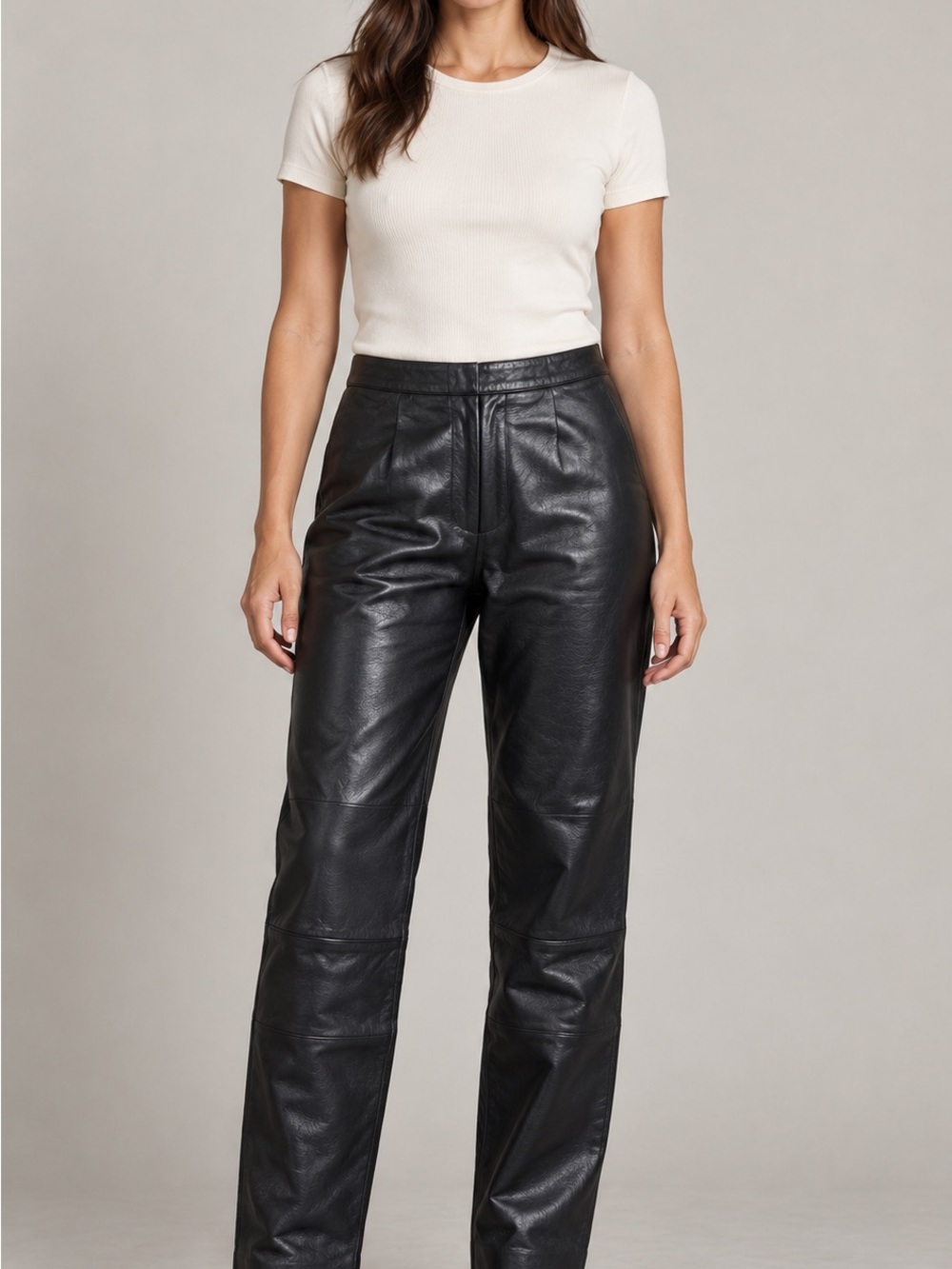 High-Rise Leather Straight-Leg Pants - Black size 10